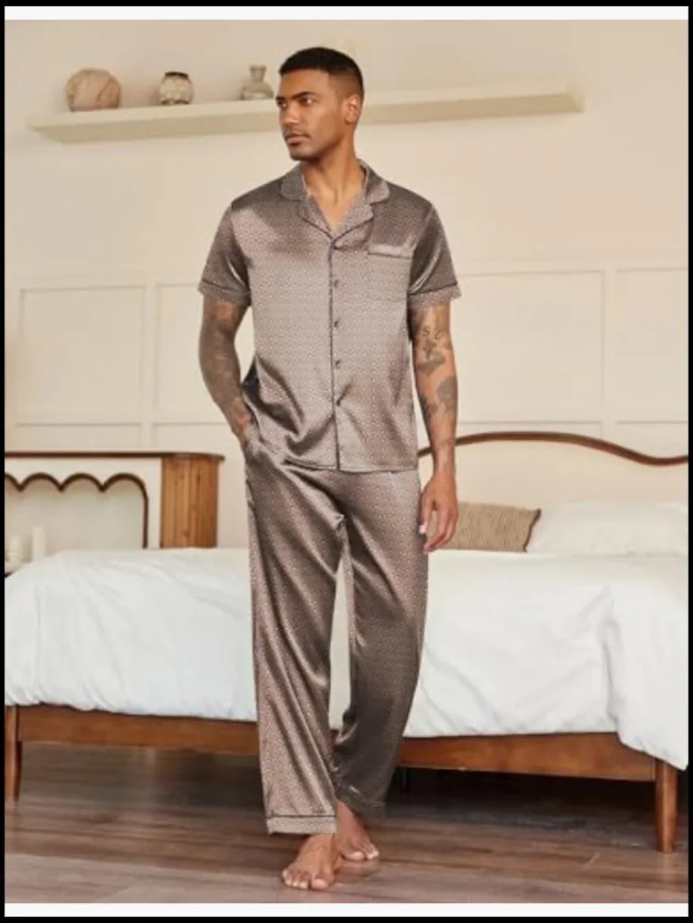 Men's Satin Pajama Set Short Sleeve Button Down Sleepwear Lounge Set